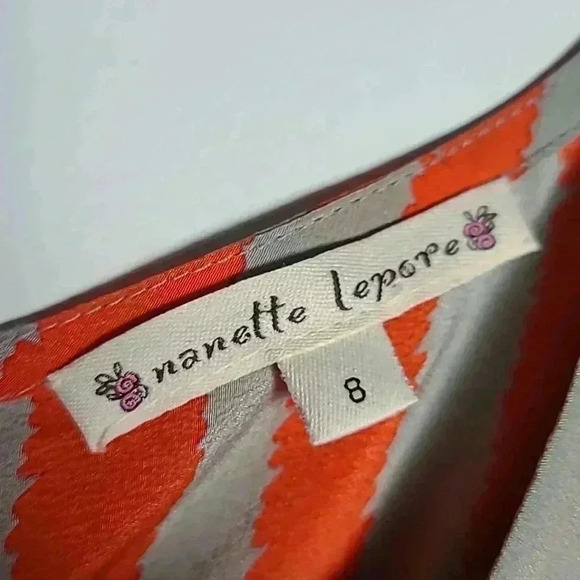 Nanette Lepore Grey/Orange Striped 100% Silk Short Sleeve Top Size 8 - Picture 4 of 12